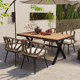 U_Style 4-Seater Brown PE Rattan Outdoor Dining Set: Modern Plastic Wood Table & Linear Chairs for Garden, Patio, Lawn - Weather-Resistant & Durable, Residential Use