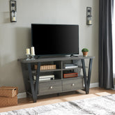 Tall TV Stand cabinet with two drawers on metal glides metal square knob handles and two divided shelf tiers