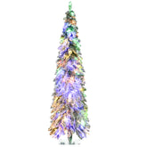 HOMCOM 6ft Snow Flocked Pencil Christmas Tree - Slim Artificial Holiday Decor, 407 Branches, 250 Warm White/Colorful LEDs, Downswept Shape for Indoor Home & Party