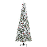 HOMCOM 9ft Pencil Snow Flocked Christmas Tree: Realistic Pine Branches, Pine Cones & Red Berries, Auto-Open, Flame Retardant, Green Plastic for Festive Home Decor
