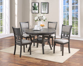Contemporary Grey Rubberwood Dining Set: Round Table w/ Shelf & 4 Cushioned Fabric Chairs, Modern Style for Dining Room, Seats 4, 47" Dia Table