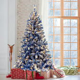 6FT Blue Snow Flocked Hinged Artificial Fir Christmas Tree for Indoor Holiday Decor, 750 Branch Tips, 300 Warm White LED Lights, Easy Assembly, Stable Base, Perfect for Living Room & Parties