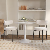 31.5" Round Dining Table Set for 2-4 | Off-White MDF Top, White Metal Legs | 2 Upholstered Faux Fur Chairs | Modern Kitchen, Reception Room Furniture | Easy Assembly