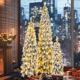 8FT, 6FT, 4FT Pre-Lit Slim Pencil Christmas Trees - 3-Set Snow-Flocked Artificial Xmas Tree with 520 Warm White & Multi-Color LED Lights, 11 Modes, Durable PVC, Easy Assembly for Home & Office Decor