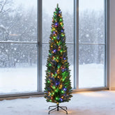 8ft Pre-Lit Artificial Pencil Christmas Tree - Slim Green PVC, 250 Multi-Colored LED Lights, Flame Retardant, Easy Assembly for Indoor Holiday Decor