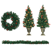 HOMCOM 4-Piece Prelit Christmas Decor Set: 3ft Green Trees, Garland & Wreath with Warm White LEDs, Red Berries, Pine Cones for Indoor/Outdoor Entryway