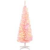 HOMCOM 5' Pink Slim Noble Fir Artificial Christmas Tree | 110 Warm White LEDs, 294 Tips | Realistic, Flame-Retardant Plastic | Easy Setup & Storage for Festive Home Decor