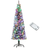HOMCOM 6ft Pre-Lit Pencil Christmas Tree - Flocked Green Artificial Xmas Tree with 170 Dual Color LEDs, 429 Tips, Metal Stand for Cozy Holiday Home Decor