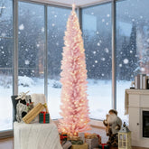 8ft Pink Pencil Christmas Tree with Warm White LED Lights | Slim, Flame-Retardant Artificial Tree for Indoor Home Decor & Small Spaces