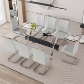 Elegant 8-Seater Dining Set: 71" Clear Tempered Glass Table & 8 Light Gray PU Chairs with Silver Metal Legs for Modern Kitchens & Dining Rooms