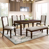 6-Piece Espresso Solid Wood Dining Table Set: 60" Rectangular Table, 4 High-Back Tufted Chairs & Bench, Seats 6 for Kitchen & Dining Room, Elegant Craftsmanship & Comfort