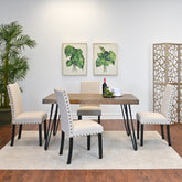 Amisos 5-Piece Dining Set: Rustic Dark Pine Hairpin Table & 4 Linen Upholstered Chairs with Brass Nailheads, Seats 4, Perfect for Dining Room Kitchen Nook, Durable Engineered Wood & Metal Construction