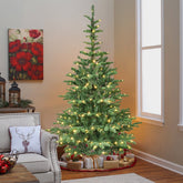 5ft Pre-Lit Christmas Tree: 403 PE/PVC Tips, 200 Warm White LEDs, Rustic Wooden Base. Realistic Layered Artificial Holiday Decor for Cozy Home Spaces. Easy Assembly.
