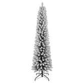 6FT Flocked Pencil Christmas Tree - Slim PVC Snowy Tree with 358 Tips, Realistic Snow Effect, Space-Saving Design for Apartments & Small Spaces, Sturdy Metal Stand, Easy Setup, White & Green
