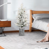 3FT Flocked Christmas Tree with Pot Base, 70 Warm White LED Lights & 365 Tips. Realistic PE+PVC Branches with 7 Pine Cones. Small Prelit Holiday Decor for Tabletop, Entryway, Home.