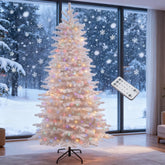 7.5ft Snow Flocked Artificial Christmas Tree - Hinged, Pre-lit Warm White & Multicolor LED Lights, Realistic Snowy Mountain Pine, 1264 Tips, 500 LEDs, Steel Base for Indoor Home Decor