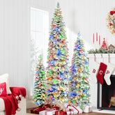 Set of 3 Pre-Lit Pencil Christmas Trees: 8ft, 6ft, 4ft Flocked Fir, 1370 PE Tips, 290 Dual-Color LED Lights with 11 Modes for Indoor Holiday Decor