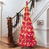 6FT Red Pop-Up Christmas Tree: Fully Decorated with 150 Warm White LEDs, Ornaments, Ribbons, Bow, Flowers, Snowflakes, Pine Cones & Balls – Easy Assembly, Space-Saving Holiday Decor for Home & Office