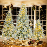 Pre-Lit Snow Flocked Spruce Christmas Tree Set (3 Sizes: 4ft, 6ft, 7.5ft) - Hinged Artificial Xmas Tree with 800 Warm Yellow & Colorful LED Lights, 8 Modes - Holiday Home, Office Decor