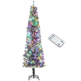 HOMCOM 7.5ft Flocked Pencil Christmas Tree Green - Slim Artificial Xmas Tree with 220 Dual Color LED Lights, 519 Tips, Snow Effect, Metal Stand for Home Holiday Party Decor