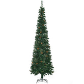HOMCOM 7.5ft Slim Pencil Artificial Christmas Tree, Realistic Pine Needles & Cones, Flame Retardant Green Xmas Tree with Sturdy Metal Base for Home & Fireplace Decor