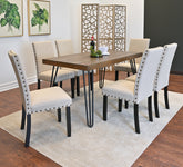 Amisos 7-Piece Rustic Dark Pine Dining Set: Rectangular Hairpin Metal Table & 6 Upholstered Chairs with Brass Nailheads, Seats 6, for Dining Room Use, Engineered Wood & Durable Metal Construction