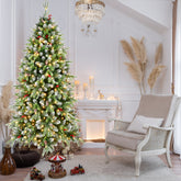 6ft Frosted Green Artificial Christmas Tree | 380 Warm White LED Lights | 1264 Lush Tips | Red Berries & Pinecones | Sturdy Metal Stand | Indoor Holiday Decor