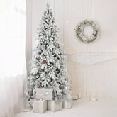9 FT Snow-Kissed Flocked Christmas Tree: 2138 PE/PVC Tips, 52 Pine Cones, Hinged Branches, Metal Stand. Realistic Snowy White & Green Slim Design for Cozy Home & Apartment Holiday Decor.