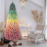 7.5ft Rainbow Gradient Flocked PVC Christmas Tree | 1927 Tips, Full-Bodied Artificial Pine | Snowy Finish, Hinged Design | Sturdy Metal Stand for Festive Home & Holiday Decor