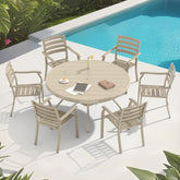 7-Piece Outdoor Patio Dining Set: 53" Round Metal Table & 6 Stackable Sandstone Chairs for Garden, Lawn, Backyard Deck - Durable, Weather-Resistant, Casual Style