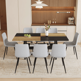 71" Wooden & Black Spliced Dining Table Set with 8 Light Gray Linen Chairs - 30"H Table w/ Storage Shelf, Ergonomic Cushions for Dining Room, Kitchen & Parties