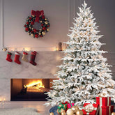 6.5ft Pre-Lit Flocked Artificial Christmas Tree: 450 Warm White Incandescent Lights, 2225 Snowy PE+PVC Tips, Hinged Memory Wire Branches & Foldable Metal Stand for Festive Holiday Home Decor