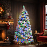 6FT Snow Flocked Spruce Christmas Tree - Pre-Lit w/ 250 Multi-Color LED Lights, 403 Mixed PE/PVC Tips, Pine Cones - Artificial Xmas Tree for Festive Holiday Home Decor
