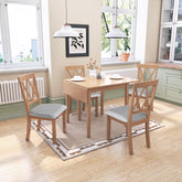 Farmhouse 5-Piece Extendable Dining Set: Natural Drop Leaf Table & 4 Upholstered Chairs for Small Kitchens, Solid Wood & MDF, Space-Saving Design