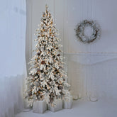 6FT Flocked Christmas Tree - 935 Tips, Snowy White & Green PE/PVC Tree with 600 Warm White LEDs & 31 Pine Cones. Hinged Branches, Metal Stand for Festive Home Decor
