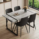 Table and chair set.A minimalist retro rectangular dining table with a specially textured top and black metal legs.Paired With 4 Black Artificial PU Chairs With Curved Widened Cushion Design.