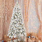 7.5FT Snowy Flocked Christmas Tree | 500 Warm White LEDs | 1252 Tips | Hinged PVC & Hard Needle Branches | Sturdy Metal Stand | Full Realistic Holiday Decor