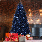 5ft Black Artificial Christmas Tree with 250 White LED Lights & 1076 PE+PVC Tips. Hinged & Easy Setup. Stable Metal Stand for Halloween & Holiday Decor.