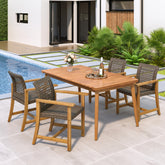 5-Piece Outdoor Patio Dining Set: 63" Acacia Wood Slatted Table & 4 Mix Mocha PE Rattan Chairs with Teak Wood Frames β Durable, Stylish & Easy Assembly for Garden & Backyard Gatherings