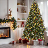 9ft Pre-Lit Pre-Decorated Pine Christmas Tree: 1740 Flocked Frosted Tips, 103 Pine Cones, 309 Red Berries, 600 Lights, Metal Base. Lush Green PVC for Home, Office Holiday Parties. Easy Setup.