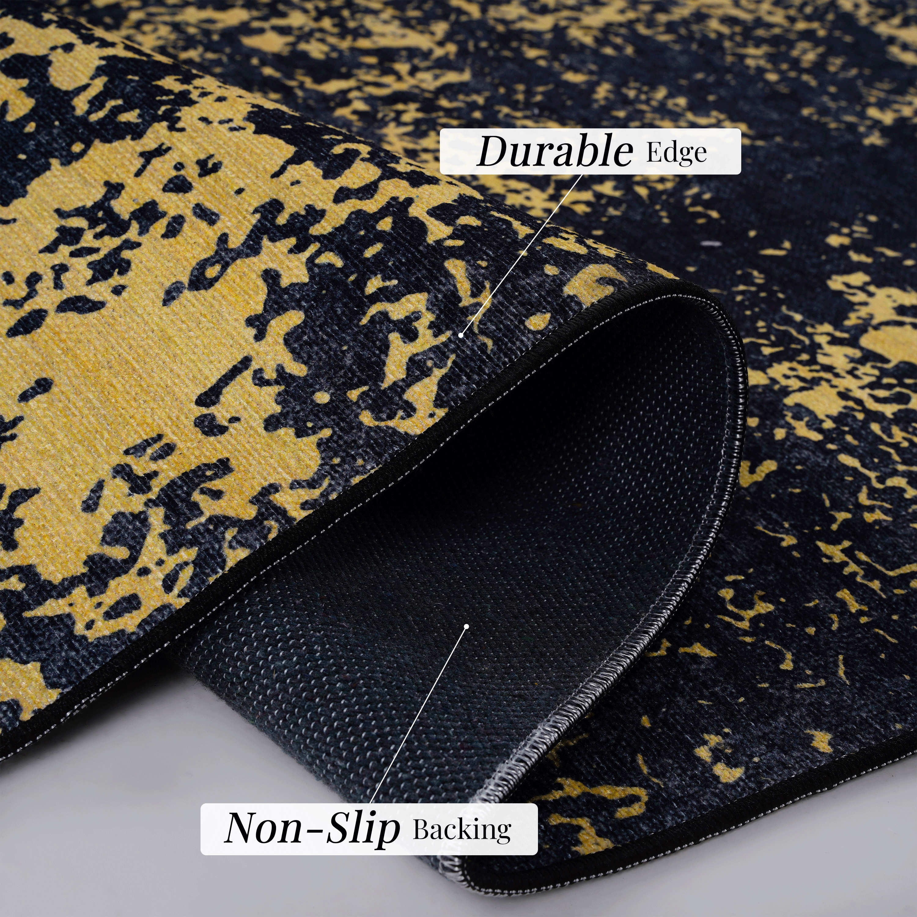 MAVAL 4x6 Washable Area Rug | Black &amp; Gold Chenille | Soft, Non-Slip, Stain-Resistant | Low Pile for Living Room, Bedroom, Hallway, Kitchen | Durable &amp; Easy Clean Indoor Mat