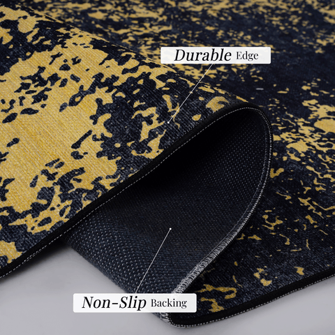 MAVAL 4x6 Washable Area Rug | Black &amp; Gold Chenille | Soft, Non-Slip, Stain-Resistant | Low Pile for Living Room, Bedroom, Hallway, Kitchen | Durable &amp; Easy Clean Indoor Mat