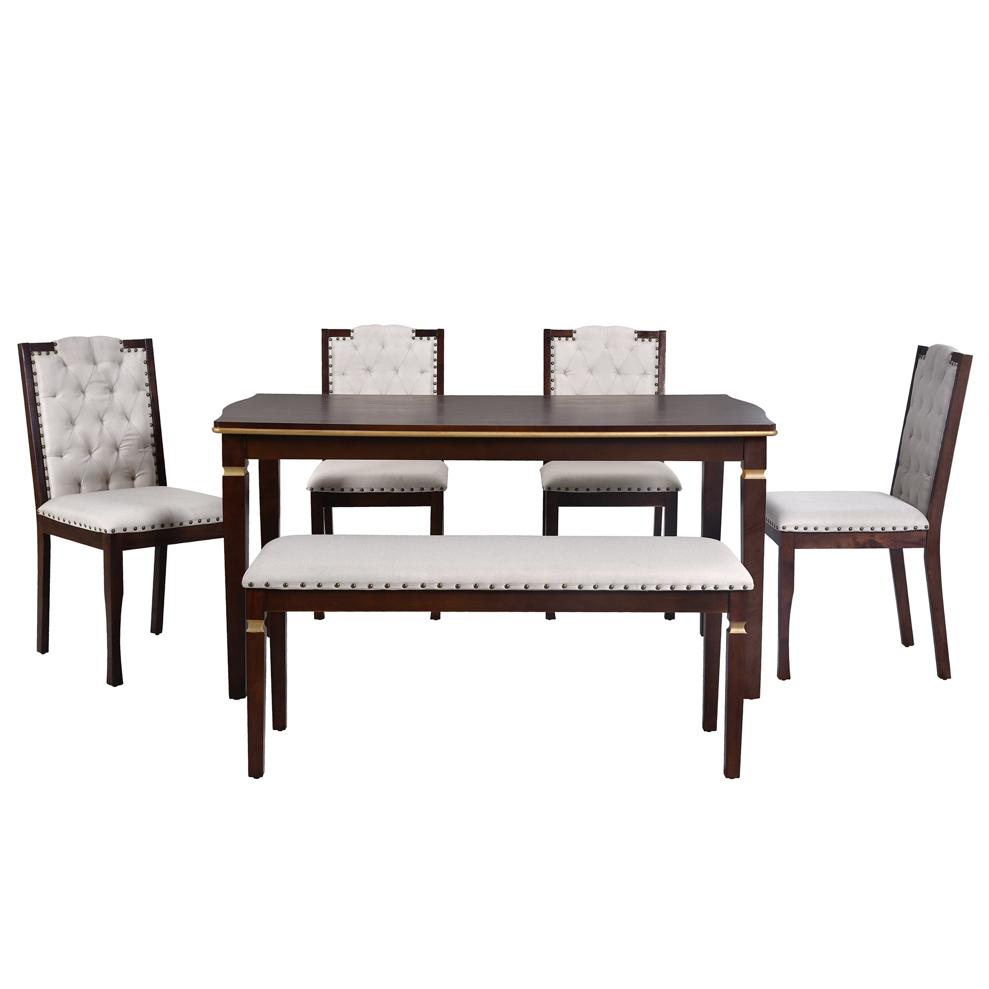 6-Piece Espresso Solid Wood Dining Table Set: 60" Rectangular Table, 4 High-Back Tufted Chairs & Bench, Seats 6 for Kitchen & Dining Room, Elegant Craftsmanship & Comfort
