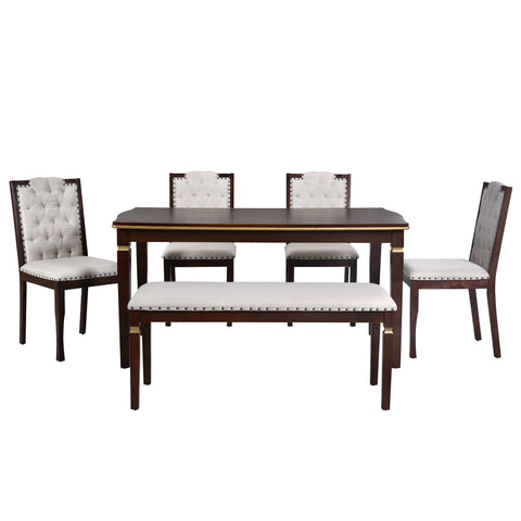 6-Piece Espresso Solid Wood Dining Table Set: 60" Rectangular Table, 4 High-Back Tufted Chairs & Bench, Seats 6 for Kitchen & Dining Room, Elegant Craftsmanship & Comfort
