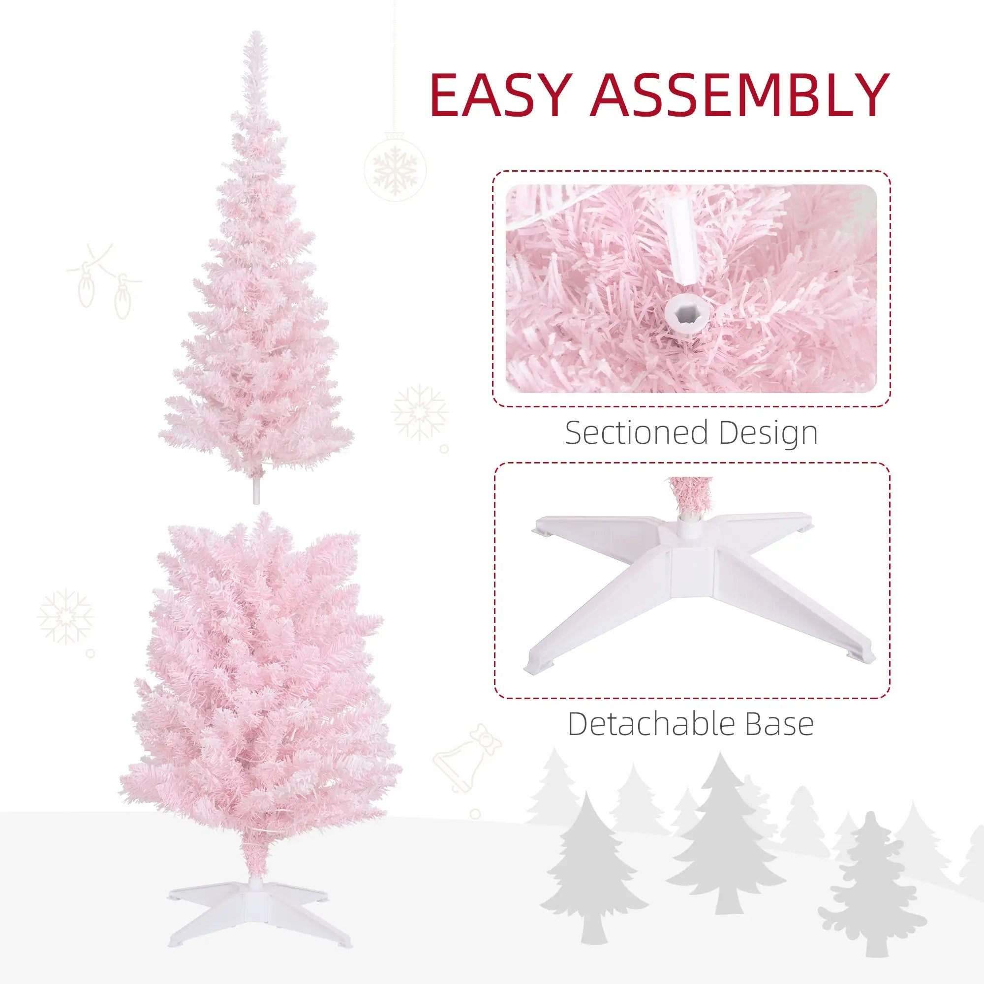 Pink 6FT Pencil Christmas Tree with Warm White LED Lights - Realistic Flame-Retardant Plastic for Cozy Home & Apartment Decor - Easy Setup & Storage