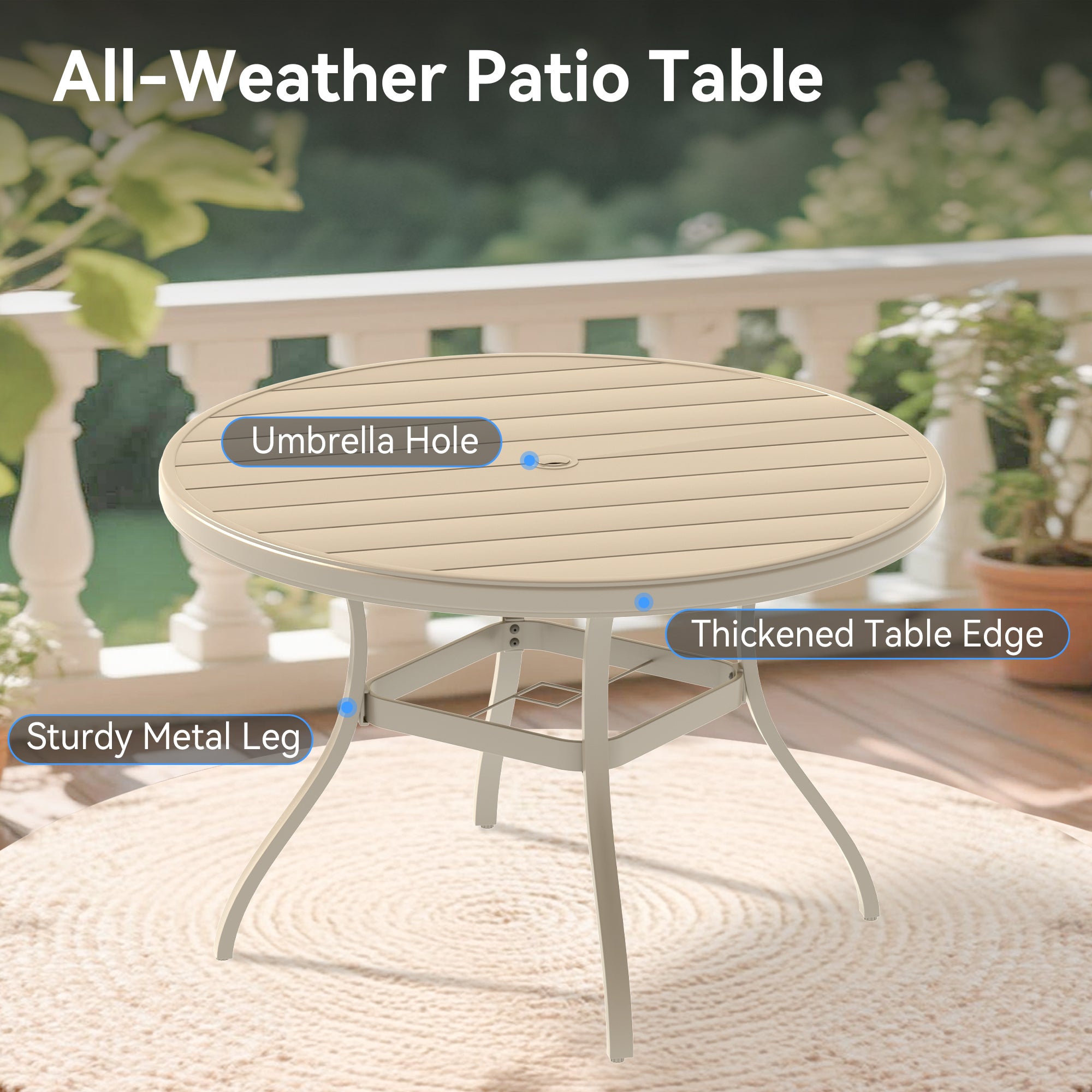 7-Piece Outdoor Patio Dining Set: 53" Round Metal Table & 6 Stackable Sandstone Chairs for Garden, Lawn, Backyard Deck - Durable, Weather-Resistant, Casual Style