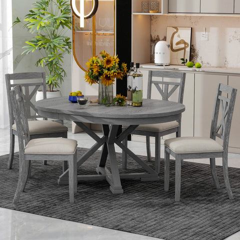 TREXM 5-Piece Extendable Round Dining Table Set for 4 - Vintage Grey Rubberwood & Linen Upholstered Chairs - 42"-54" Oval/Round Table for Kitchen, Dining Room, Living Room