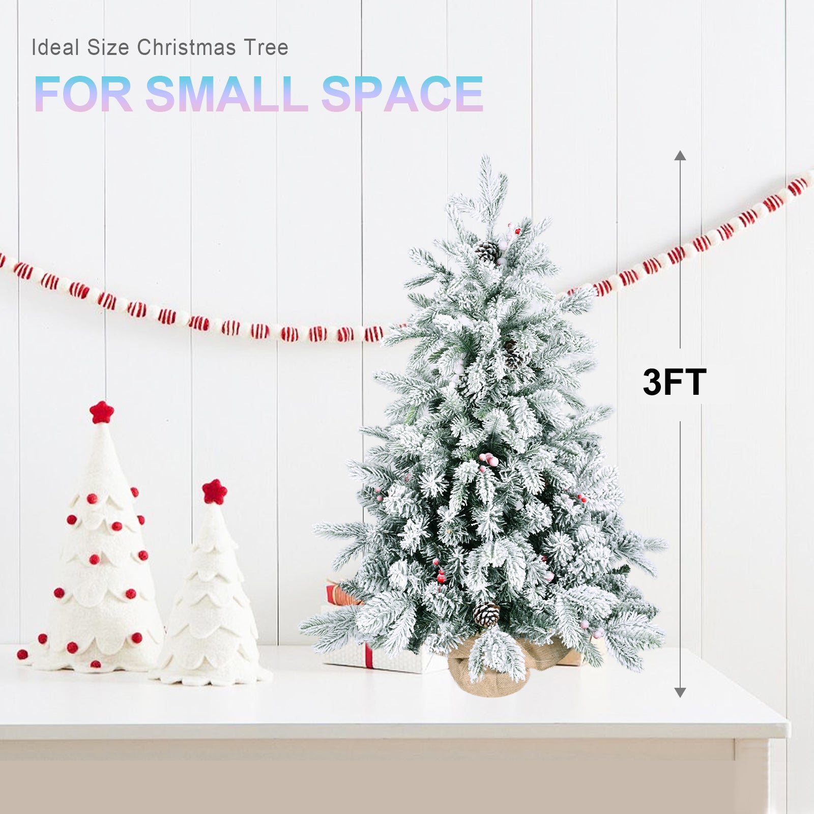 3FT Flocked Snow Christmas Tree | 355 PE/PVC Tips, Pine Cones &amp; Berries | Rustic Burlap Cement Base | Small Decorative Holiday Tree for Tabletop, Desk, Home &amp; Office Decor