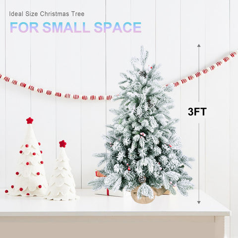 3FT Flocked Snow Christmas Tree | 355 PE/PVC Tips, Pine Cones &amp; Berries | Rustic Burlap Cement Base | Small Decorative Holiday Tree for Tabletop, Desk, Home &amp; Office Decor
