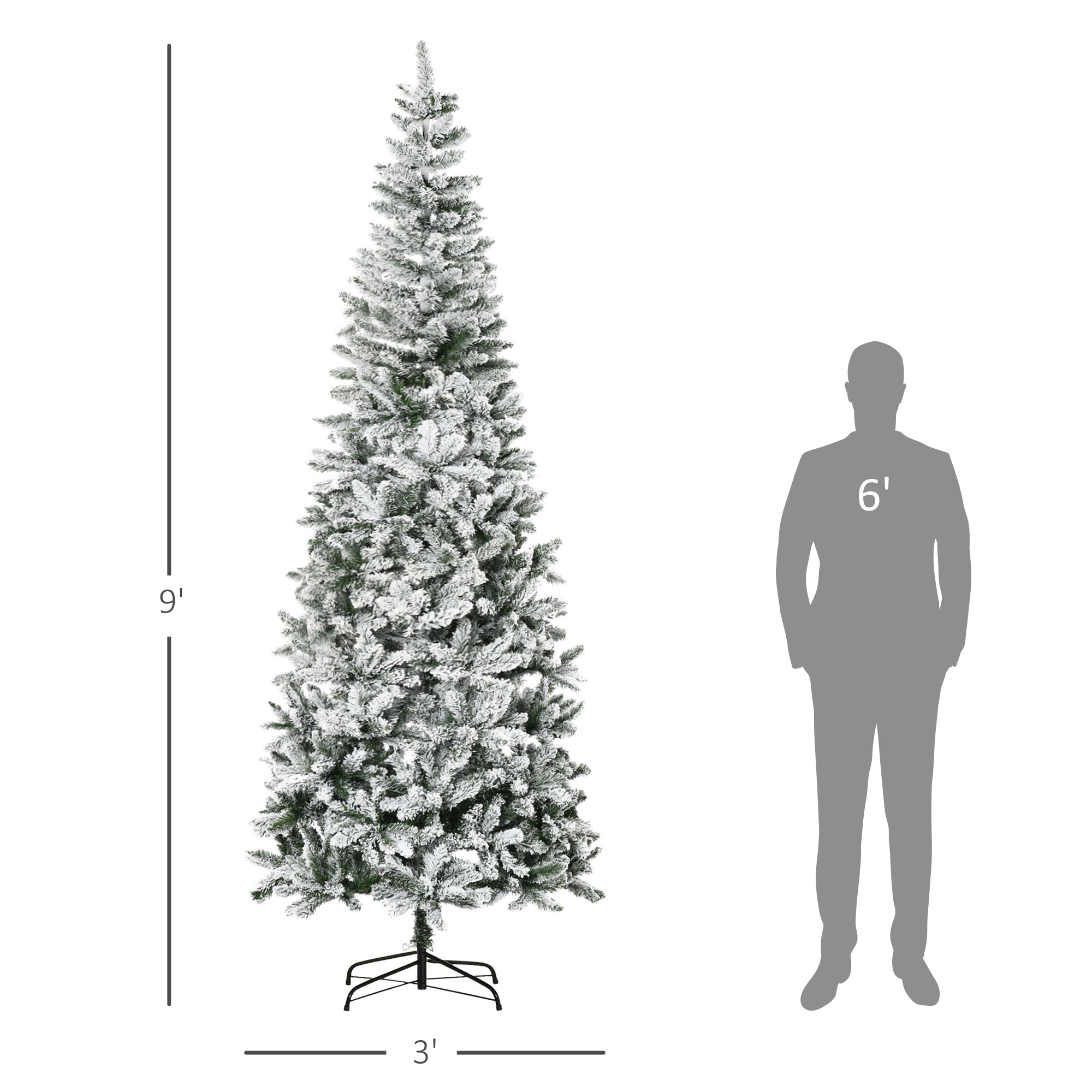 HOMCOM 9ft Slim Snow-Flocked Pine Artificial Christmas Tree, Realistic 1084 Tips, Green Plastic, Auto-Open for Festive Home Decor, Sturdy Steel Base